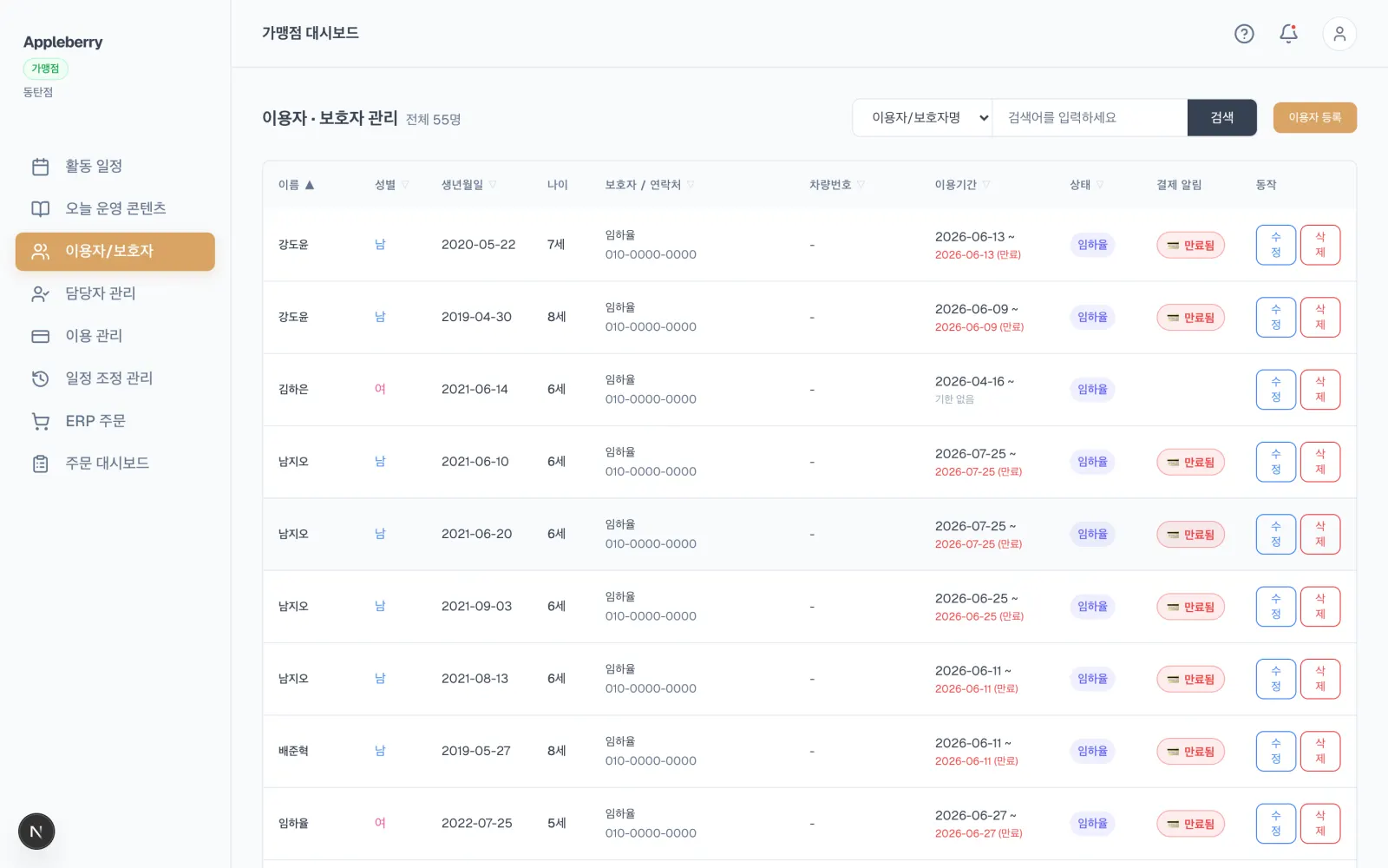 이용자·보호자 관리 화면입니다. 이름, 성별, 생년월일, 보호자 연락처, 이용기간, 상태가 표로 있습니다.