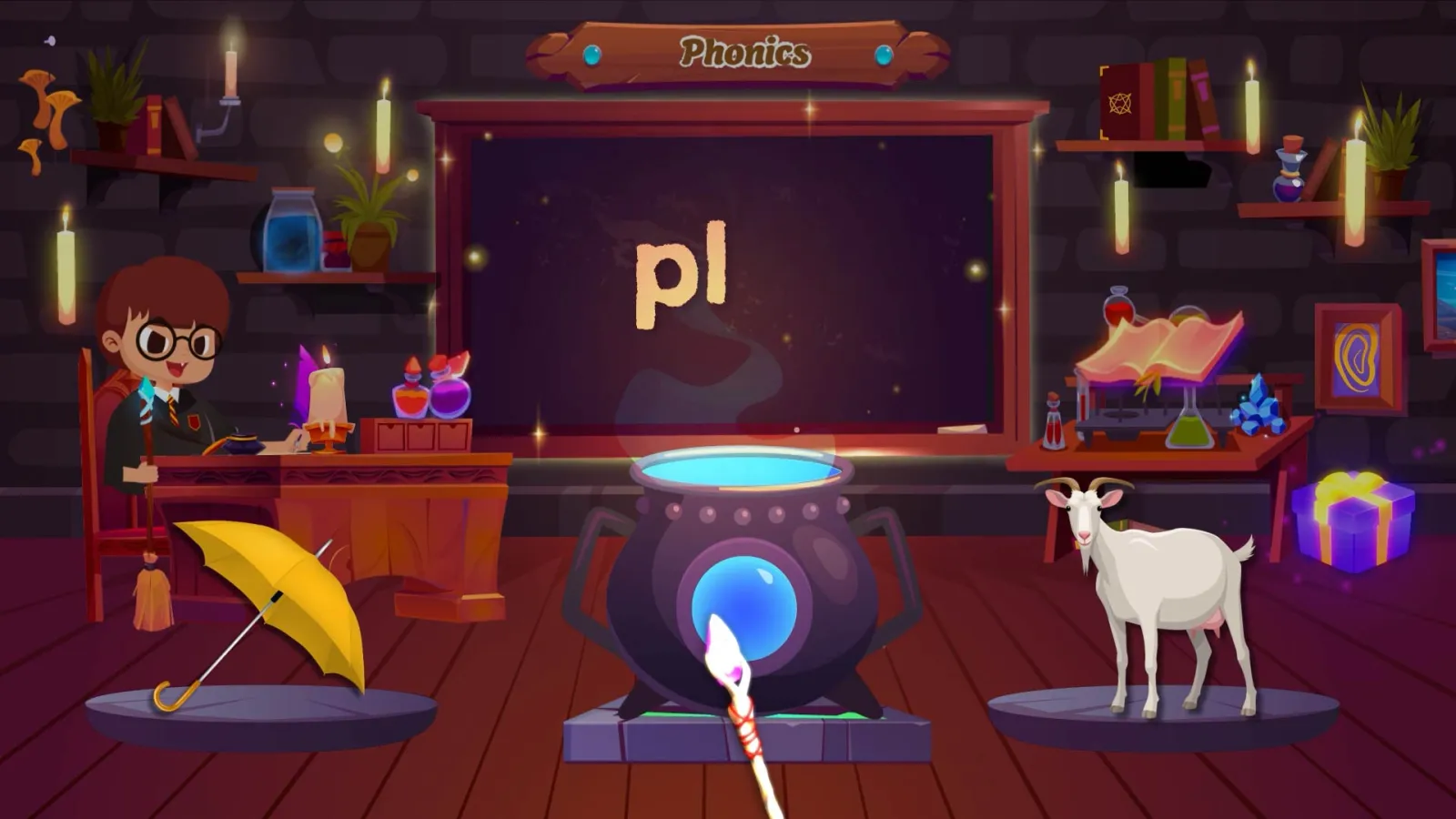Phonics 영상 스틸입니다. 마법 교실 배경에 pl 소리가 칠판에 표시되어 있습니다.