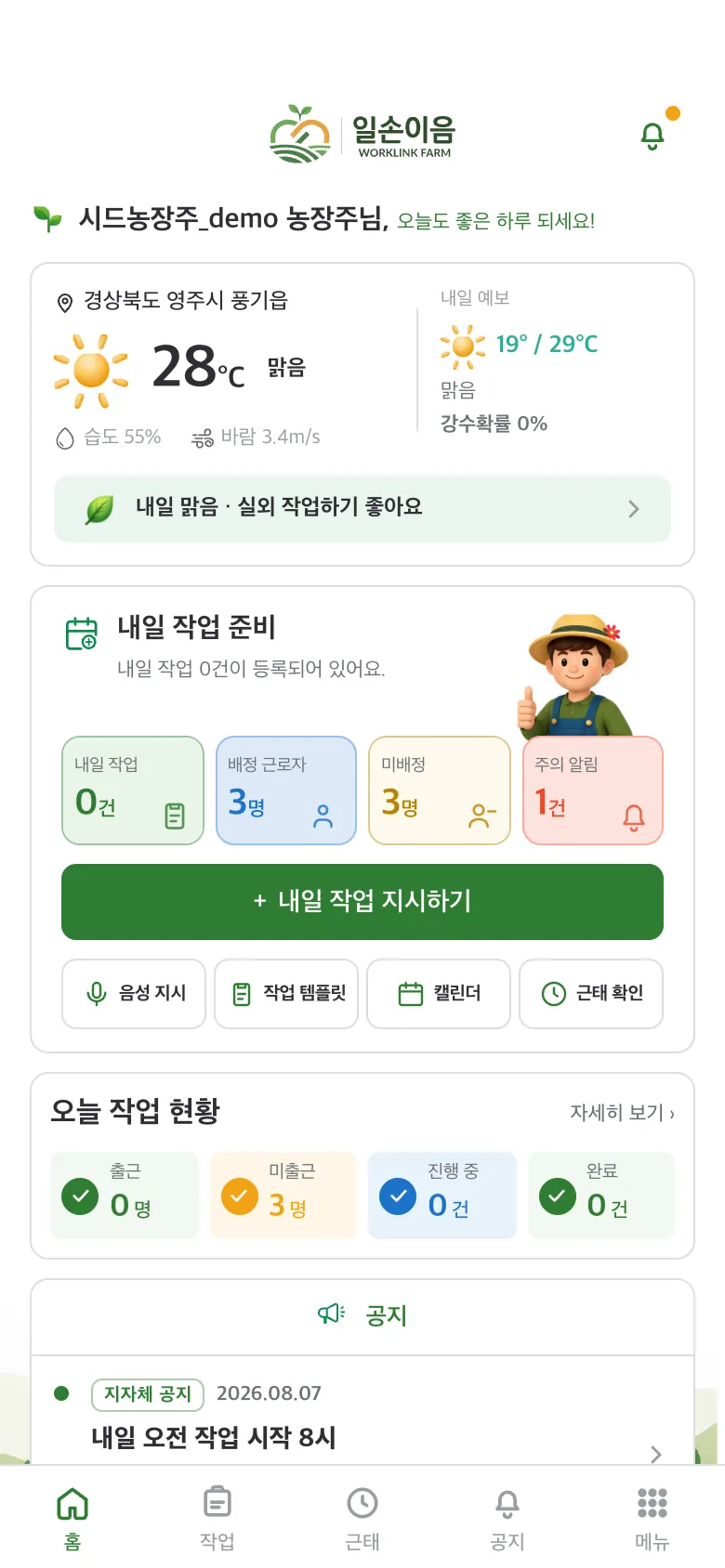 농장주 홈 화면입니다. 날씨 카드와 내일 작업 준비, 오늘 작업 현황, 공지가 세로로 배치되어 있습니다.