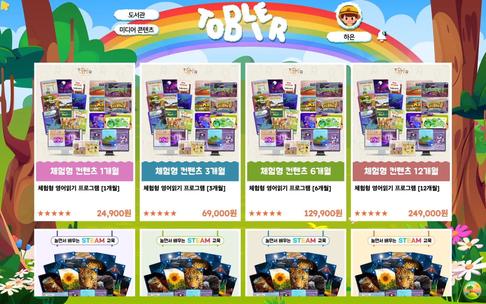 이용권 상품 화면입니다. 1개월과 3개월, 6개월, 12개월 상품 카드 네 장이 있습니다.